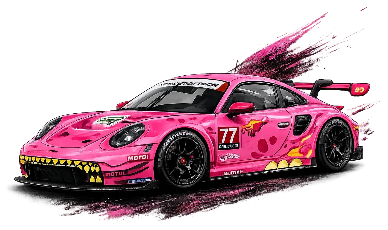 Ilustração de um Porsche 911 GT3 widebody rosa, livery de corrida