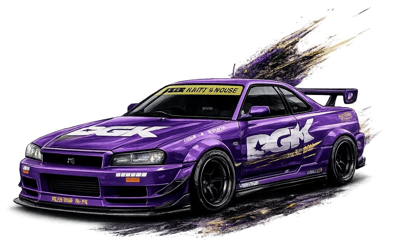 Ilustração de um Nissan Skyline GT-R (R34) roxo, colaboração Kaido House x DGK