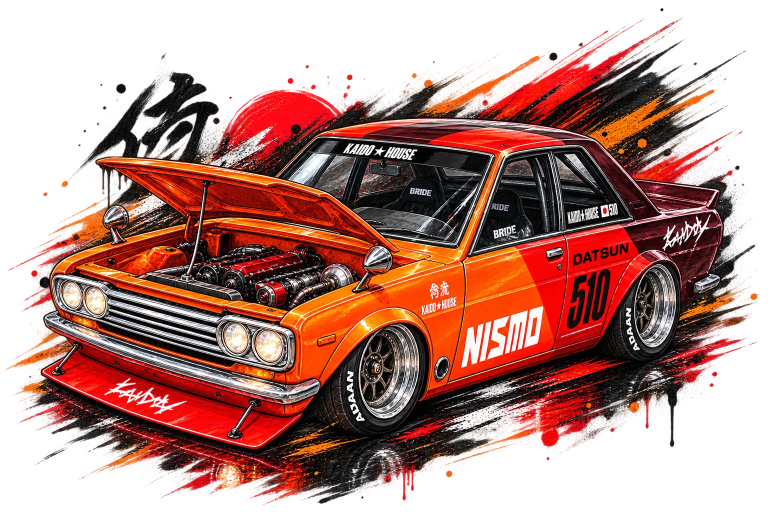 Ilustração de um Datsun 510 laranja e vermelho, parceria Kaido House x Nismo, com o capô aberto mostrando o motor