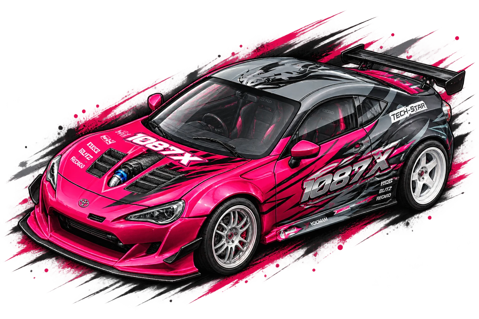 Ilustração de um Toyota 86/BRZ rosa com a livery "1087X"