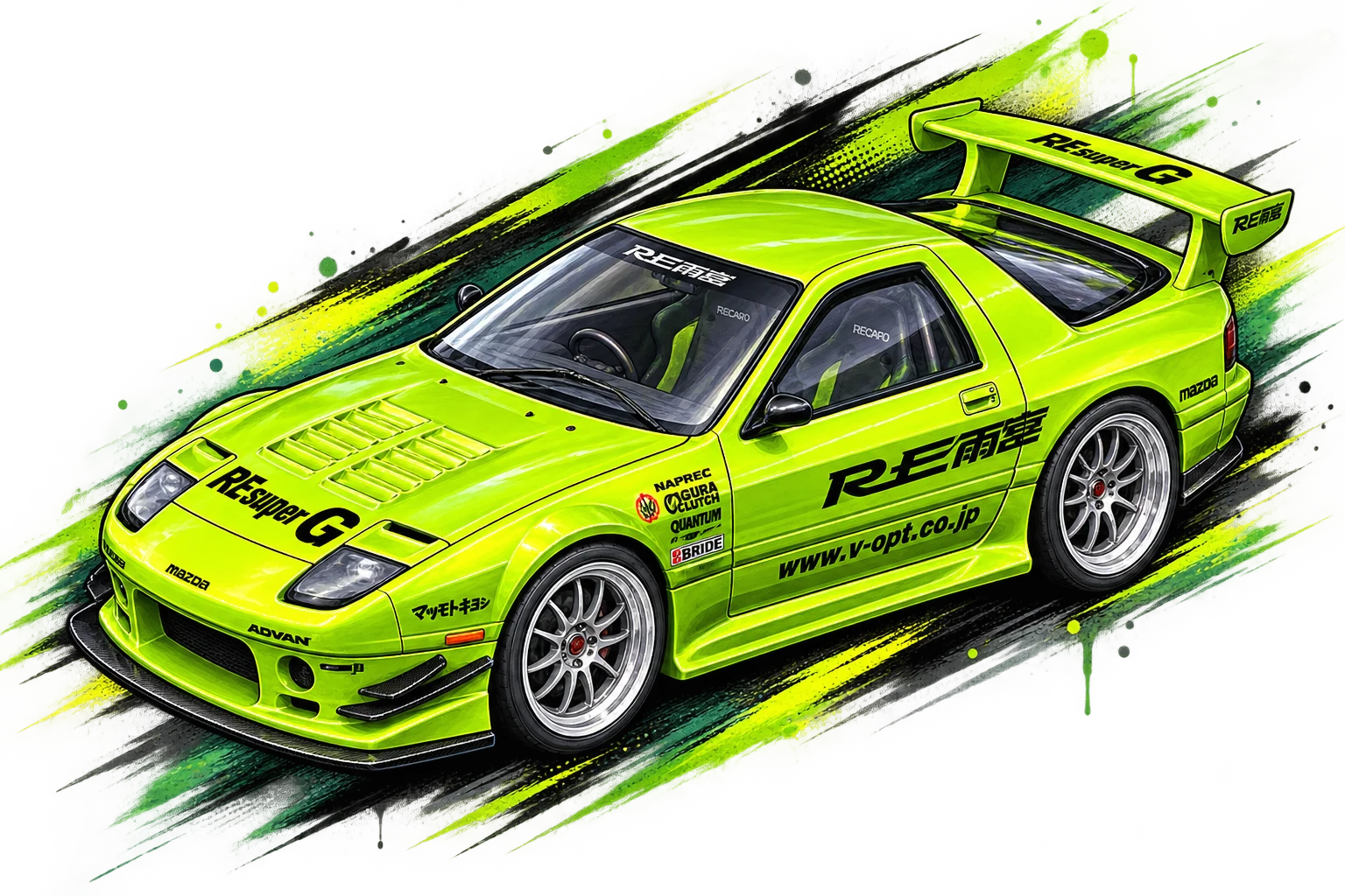 Ilustração de um Mazda RX-7 FC verde com a livery "RE雨宮/RE Amemiya"