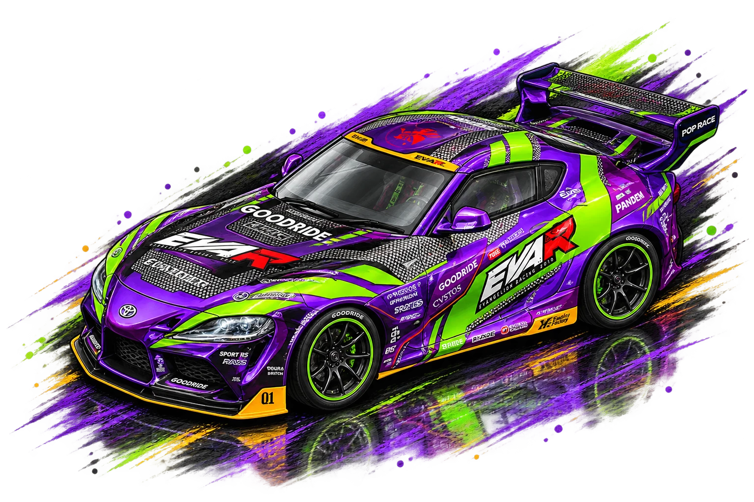 Ilustração de um Toyota Supra roxo e verde com a livery "EVA-R Evangelion Racing"