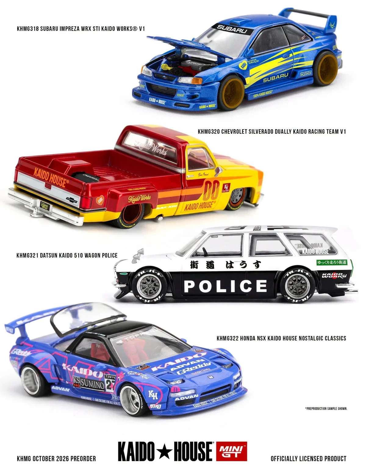 Kaido House Kicks Off October's Pre-Sales with the Impreza, Silverado Dually, 510 Wagon, and NSX